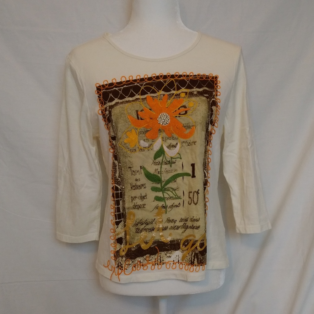 Caribbean Joe Ivory Embroidered 3/4 Sleeve Top